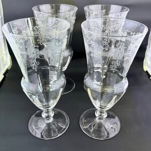 Vintage Etched Floral Goblets Set of 4 Elegant Stemware 7”